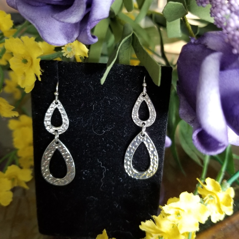 Silver Textured Double Teardrop Earring Set #120
